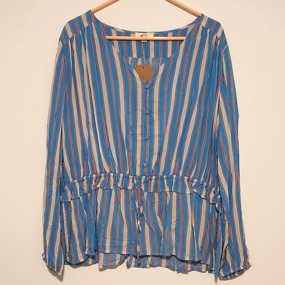 📣 Kori America Blue & Pink Striped Drawstring Waist Button-Down Top NWT Size L - Picture 3 of 12